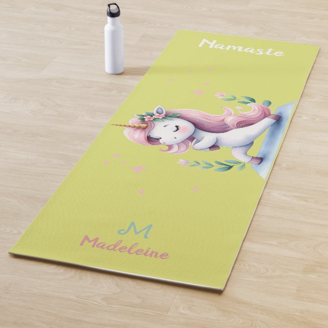 Unicorn Namaste Yoga Cute Hot Yellow Name Monogram Yoga Mat (In Situ)