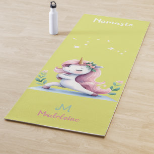 Unicorn Namaste Yoga Cute Pink Green Name Monogram Yoga Mat
