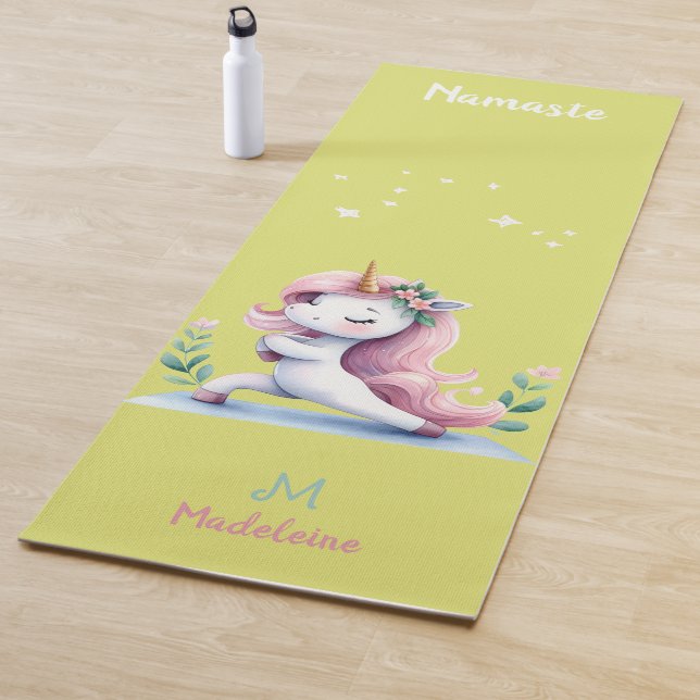 Unicorn Namaste Yoga Cute Pink Green Name Monogram Yoga Mat (In Situ)