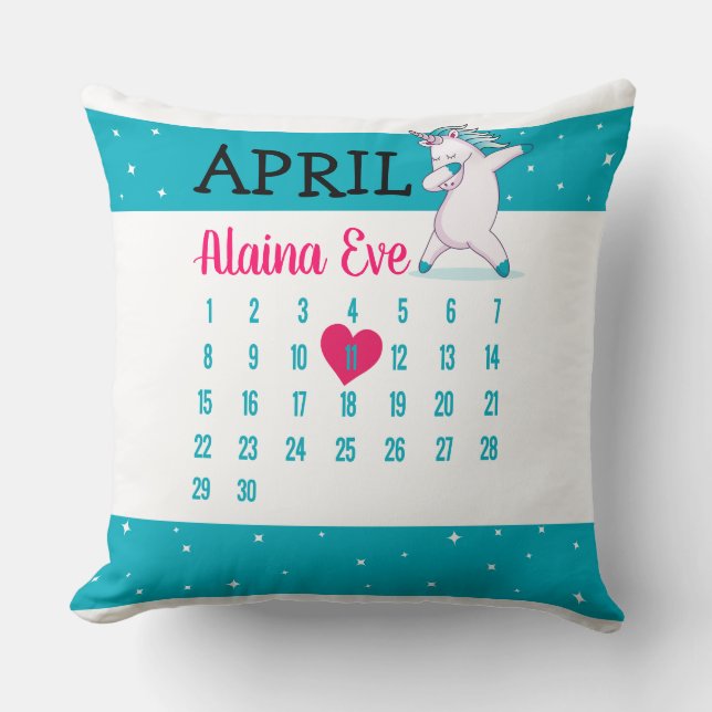 Unicorn Name Calendar Birthday Throw Pillow (Front)