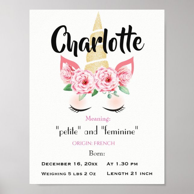 Unicorn Name meaning keepsake nursery Poster (Front)