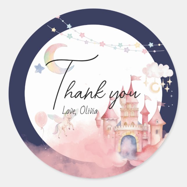 Unicorn night castle/magical castle birthday party classic round sticker (Front)