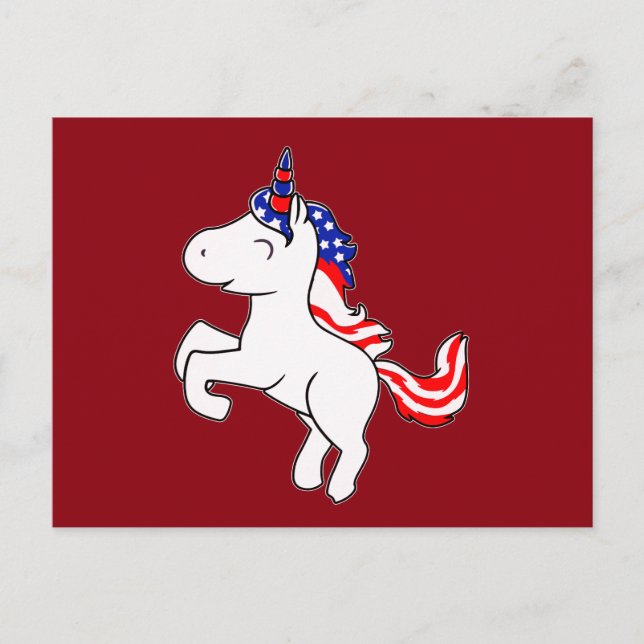 Unicorn Off White Patriotic USA Flag Mane Cartoon Postcard (Front)