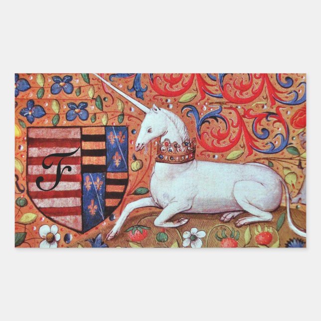 UNICORN OLD BROWN PARCHMENT MONOGRAM RECTANGULAR STICKER (Front)