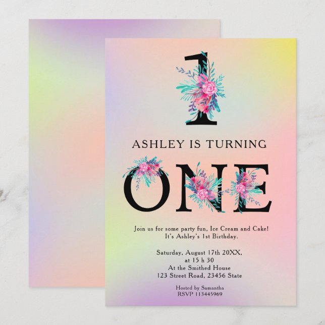 Unicorn ombre floral letters trendy 1st birthday invitation (Front/Back)