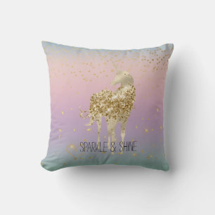 Unicorn Ombre Gold Confetti Glitter Heart Cushion
