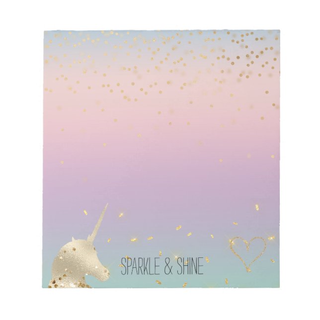 Unicorn Ombre Gold Confetti Glitter Heart Notepad (Front)