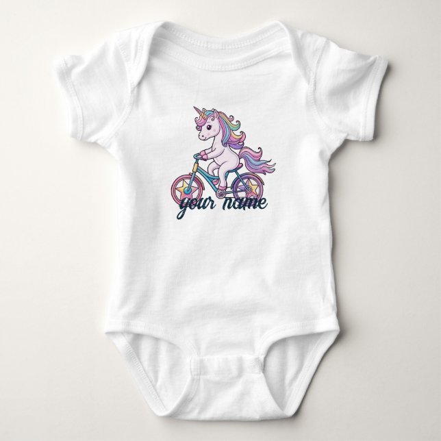 Unicorn on bike baby bodysuit (Front)