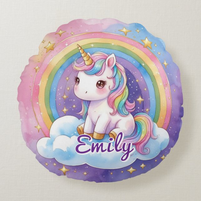 Unicorn on Cloud Editable Name Round Pillow (Front)