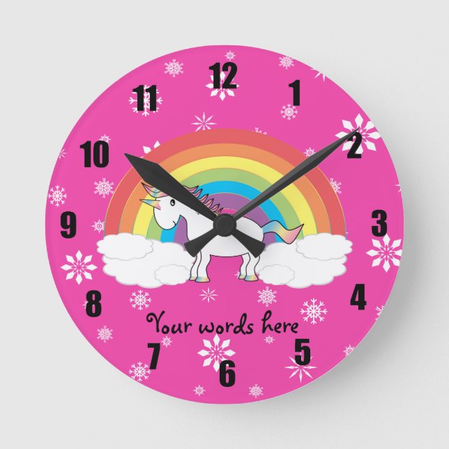Unicorn on clouds pink snowflakes round clock (Front)