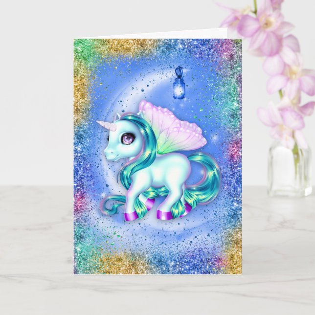 Unicorn on Moon Blue Birthday Card (Orchid)