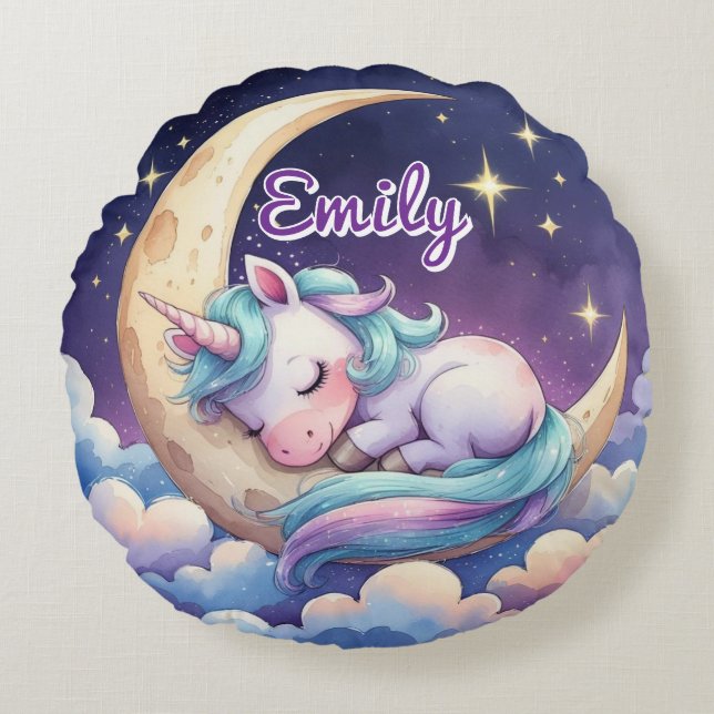 Unicorn on Moon Editable Name Round Pillow (Front)
