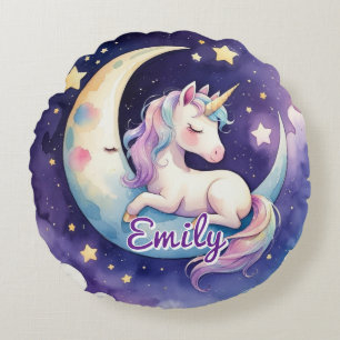 Unicorn on Moon Editable Name Round Pillow