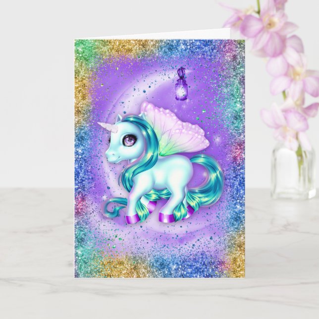 Unicorn on Moon Purple Birthday Card (Orchid)