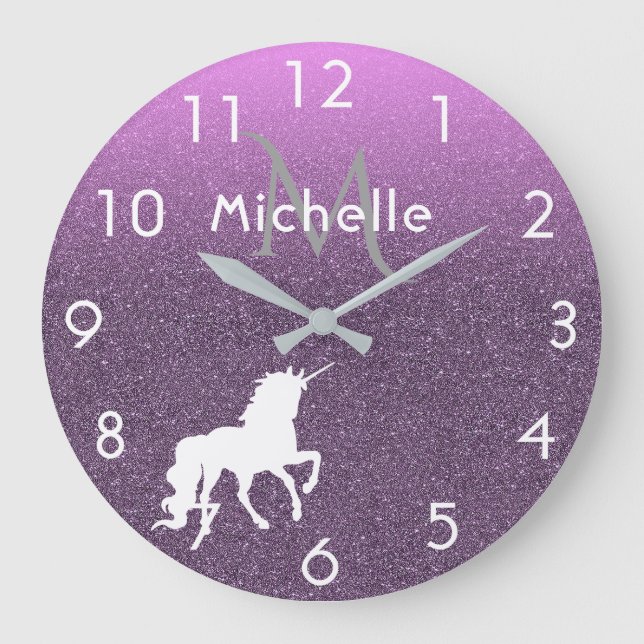 Unicorn on ombre ultra violet glitter and pink large clock (Front)