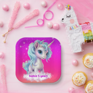 Unicorn on pink vibrant sky paper plate