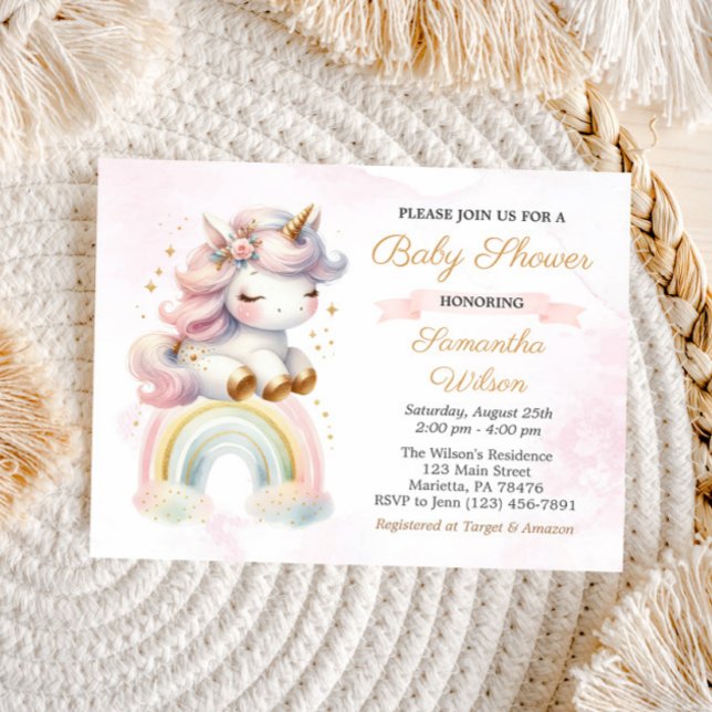 Unicorn on Rainbow Baby Shower Postcard Invitation (Creator Uploaded)