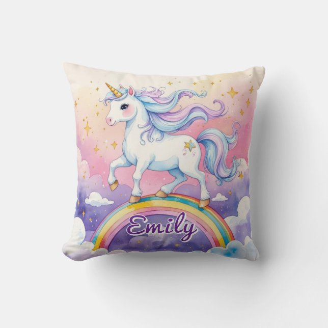 Unicorn on Rainbow Editable Name Pillow (Front)