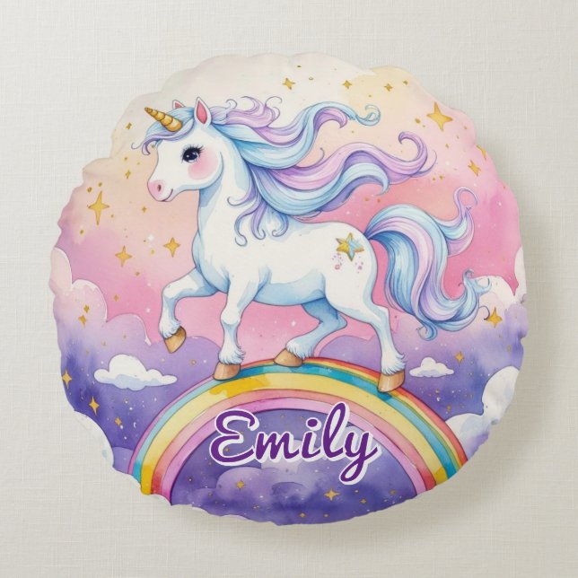 Unicorn on Rainbow Editable Name Round Pillow (Front)