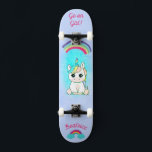 Unicorn on skateboard with personalised captions<br><div class="desc">Unicorn on skateboard with personalised captions Unicorn Personalised Skateboard CLICK on PERSONALIZE TEMPLATE OPTION AND ENTER the NAME. you can also custom other caption. Cool skateboard designed with vivid colours and for the background and a funky unicorn riding a skateboard. This Skateboard makes a great gift idea for a unicorn...</div>