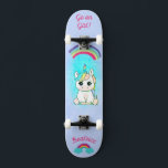 Unicorn on skateboard with personalised captions<br><div class="desc">Unicorn on skateboard with personalised captions Unicorn Personalised Skateboard CLICK on PERSONALIZE TEMPLATE OPTION AND ENTER the NAME. you can also custom other caption. Cool skateboard designed with vivid colours and for the background and a funky unicorn riding a skateboard. This Skateboard makes a great gift idea for a unicorn...</div>
