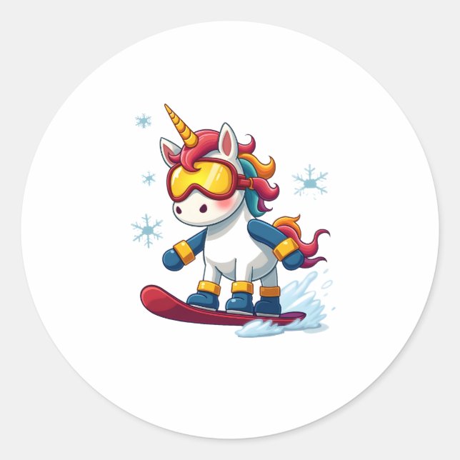 Unicorn on Snowboard - Funny Ski and Wintersports  Classic Round Sticker (Front)