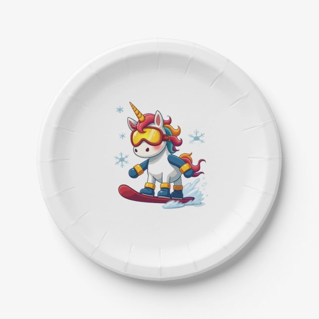 Unicorn on Snowboard - Funny Ski and Wintersports  Paper Plate (Front)
