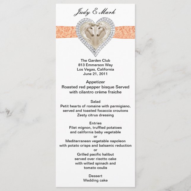 Unicorn Orange Lace Wedding Menu Card (Front)