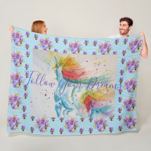 Unicorn Painting Dreams Blue Floral Fleece Blanket