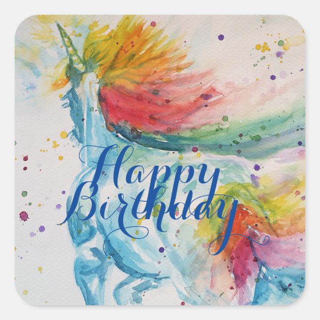 Unicorn Painting Happy Birthday Watercolour Art Square Sticker (Front)