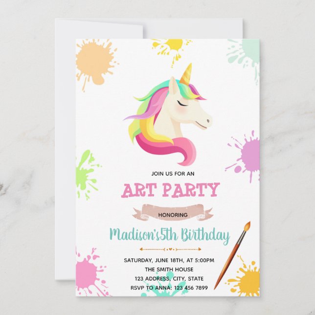 Unicorn painting slumber picnic invitation (Front)