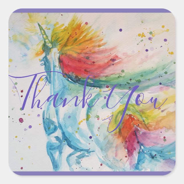 Unicorn Painting Thank You Watercolour Art Square Sticker (Front)