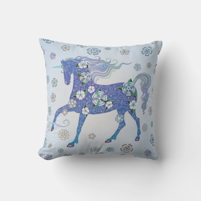 Unicorn Pale Blue in Flowers Cushion (Front)