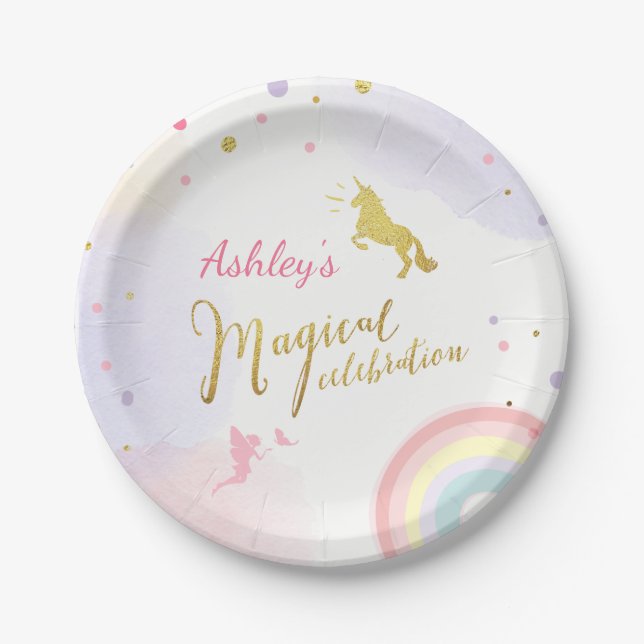 Unicorn Paper Plates Pink Gold Magical Birthday (Front)