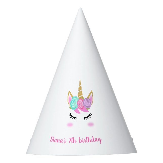 Unicorn party custom name party hat (Front)