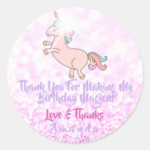 Unicorn Party Favour Thanks Pink Sparkly Glitter Classic Round Sticker