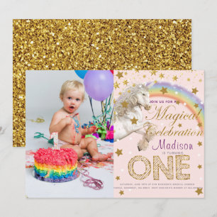 Unicorn Party First Birthday Photo Gold Invitation