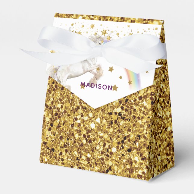 Unicorn Party Gold Glitter Personalised Favour Box (Front Side)
