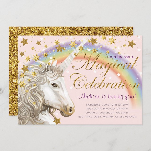 Unicorn Party Gold Magical Birthday Invitation (Front/Back)