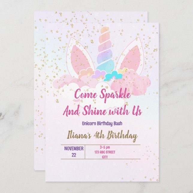 Unicorn party invitation (Front/Back)