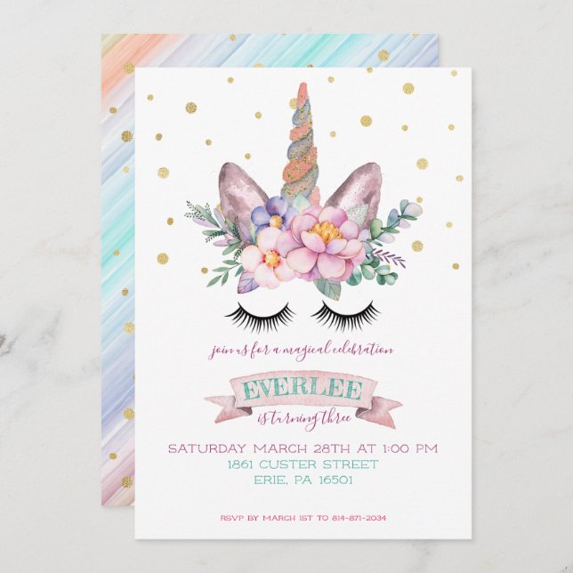 Unicorn Party Invitation | Unicorn Cake (Front/Back)
