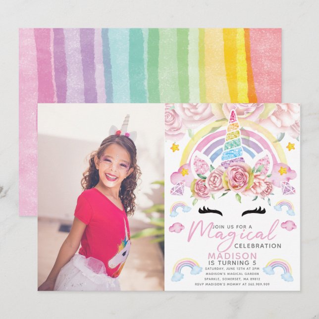 Unicorn Party Magical Birthday Photo Invitation (Front/Back)