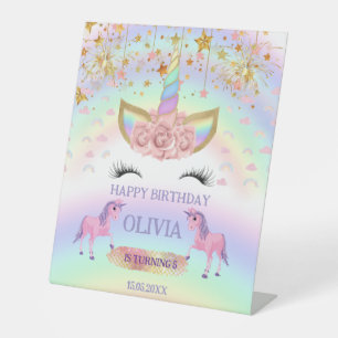 Unicorn party Rainbow 1st Birthday whimsical girl Pedestal Sign