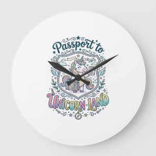 Unicorn Passport to Unicorn Land White Background Large Clock