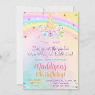 Unicorn pastel colours Girl Birthday invite. Invitation