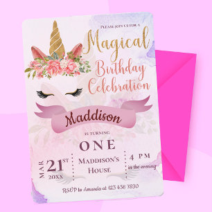Unicorn Pastel Floral  Kids First Birthday Party  Invitation