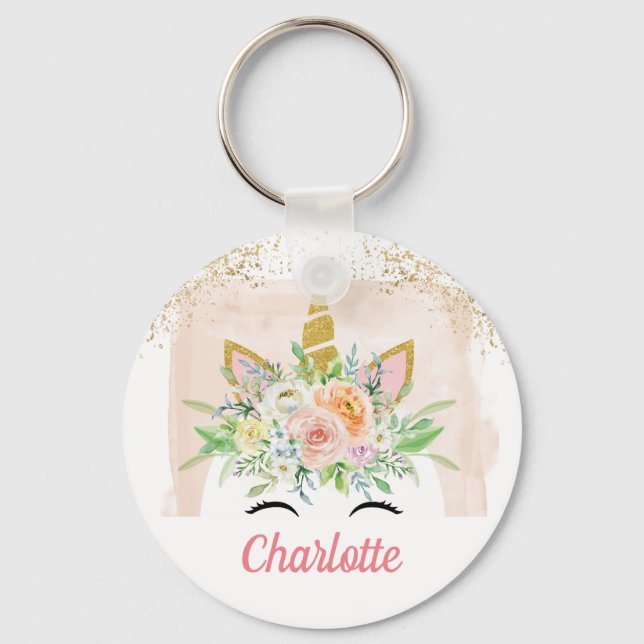 unicorn pastel pink ang sparkling gold custom name key ring (Front)