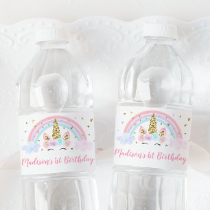 Unicorn Pastel Pink Gold Rainbow Birthday Water Bottle Label