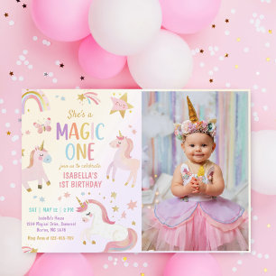 Unicorn Pastel Rainbow 1st Birthday Photo Invitation