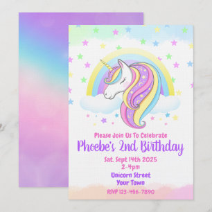 Unicorn Pastel Rainbow Birthday Party Invitation